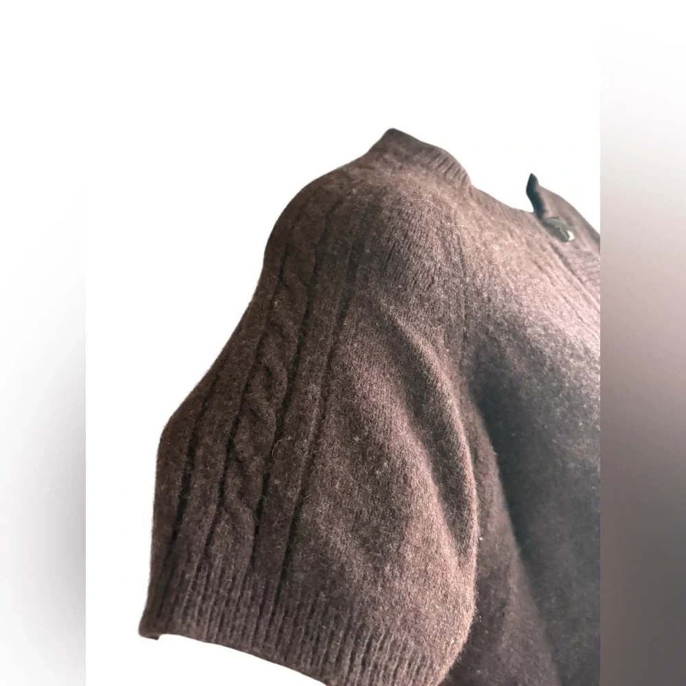 Ann Taylor LOFT mocha brown cable knit short sleeve button up sweater shirt L - Picture 8 of 11